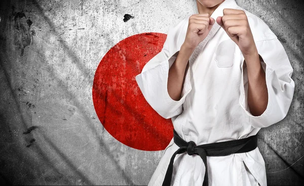 Karate Kämpfer und japanische Flagge — Stockfoto