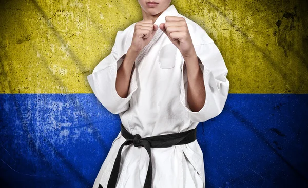 Luchador de karate y bandera ucraniana — Foto de Stock