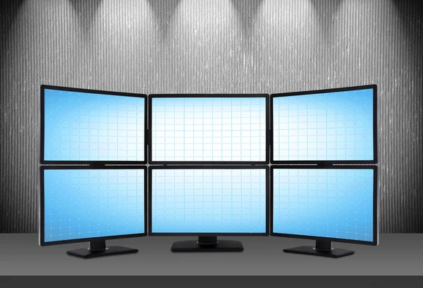 Zes lege blauwe schermen — Stockfoto