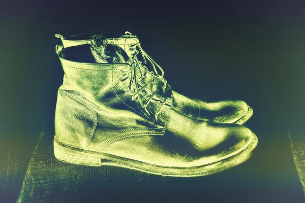 녹색에서 가죽 신발입니다. 크리에이 티브 스타일 사진 — 스톡 사진