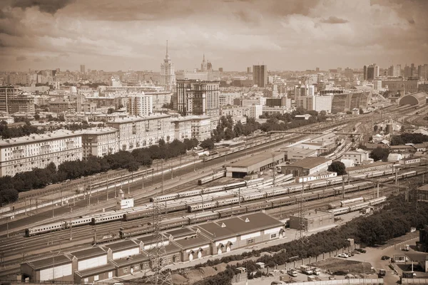 Moscow - historic district. Railroad in the foreground. Photo toned in sepia — Stock Photo, Image