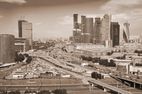 View on Moscow and business center "Moscow City" . Photo toned in sepia — Stock Photo, Image