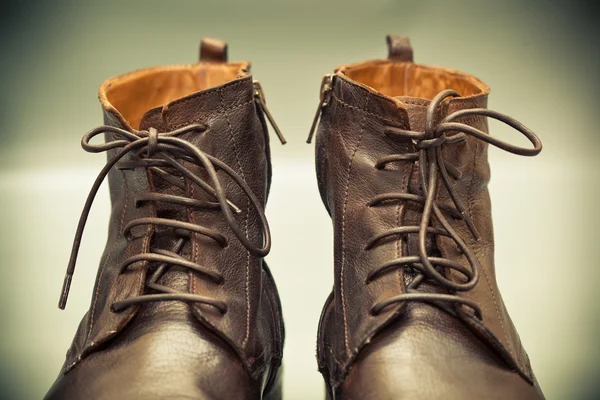High leather shoes with laces close up. Autumn and spring season — Stock Photo, Image