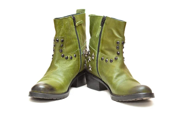 Women's fashion boots green in cowboy style. Autumn - spring leather shoes — Stock Photo, Image