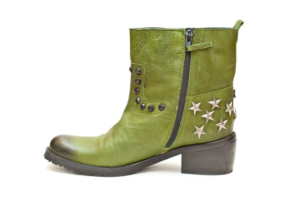 Women's fashion boots green in cowboy style. Autumn - spring leather shoes with studs and stars — Stock Photo, Image