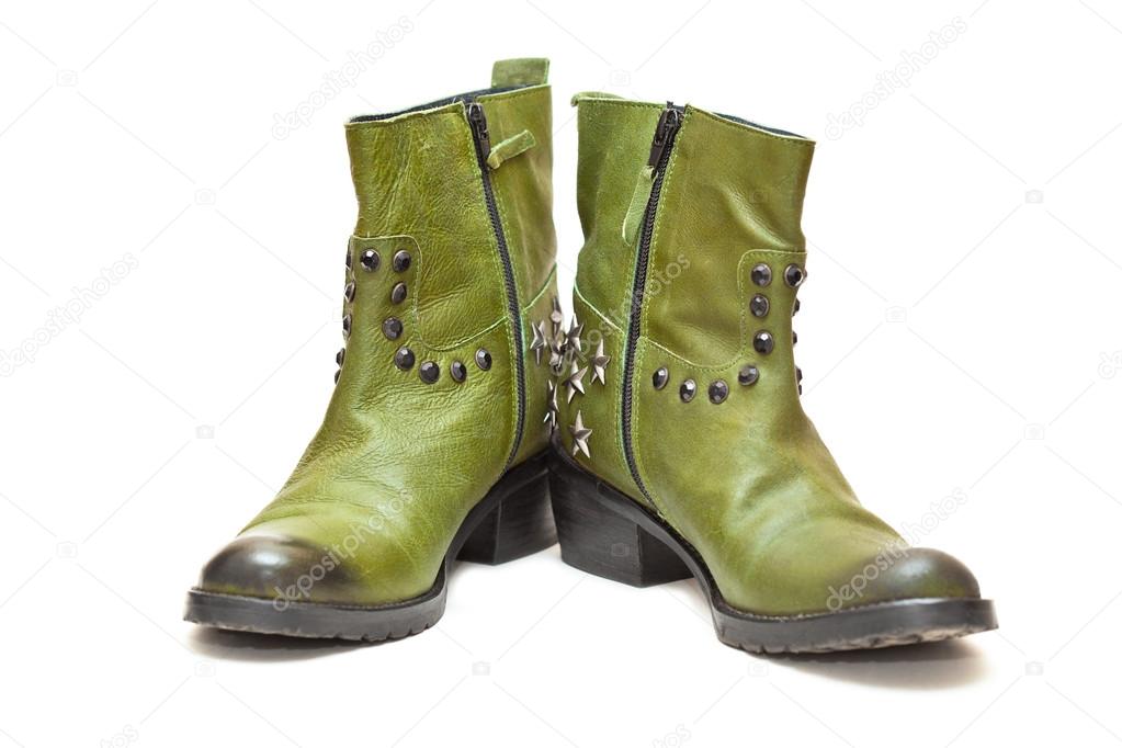 Women's fashion boots green in cowboy style. Autumn - spring leather shoes