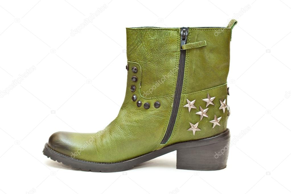 Women's fashion boots green in cowboy style. Autumn - spring leather shoes with studs and stars