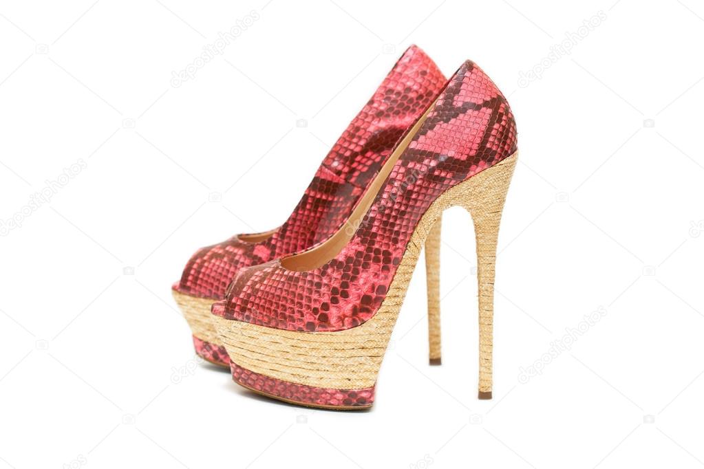 Women's shoes pink high heels on a white background. Stylized snake skin.