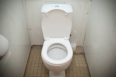 Cheap white toilet in a bathroom clipart