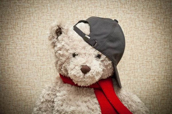 Teddy bear in een rode sjaal en een zwarte baseballcap. baby pluche speelgoed — Stockfoto