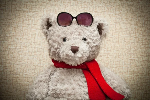 Teddy bear in a red scarf and sunglasses — Stock Photo, Image