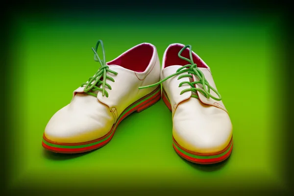 Fashion leather shoes in white with green shoelaces on a green background
