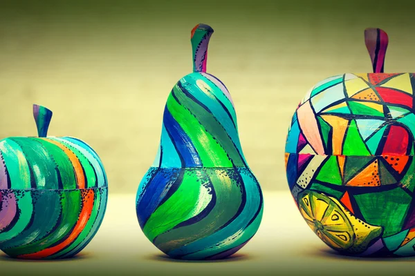 Hand-painted wooden fruit - pears and apples. Handmade, contemporary art. — Stock Photo, Image