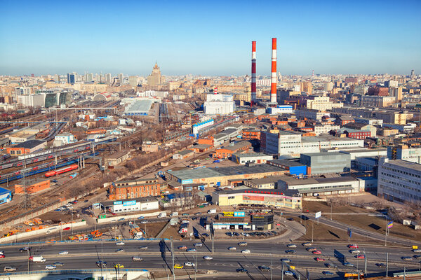 Moscow - march 14: Industrial area in the city, industrial pipes, plants. Russia, Moscow, march 14, 2015