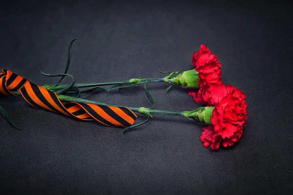 Carnation flowers and George Ribbon close-up on a dark background. Victory Day - May 9. Jubilee 70 years. — Stock Photo, Image