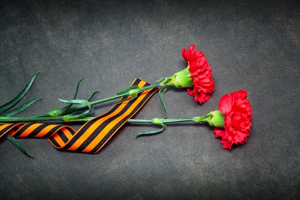 Carnation flowers and George Ribbon. 70 Years of Victory in the Great Patriotic War — Stock Photo, Image