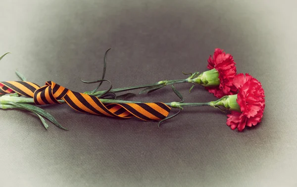 Two carnation flowers and George Ribbon. Vintage Photo Victory Day on May 9