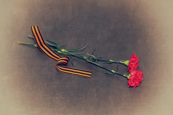 Two carnation flowers and George Ribbon. In honor of the victory in World War II — Stock Photo, Image