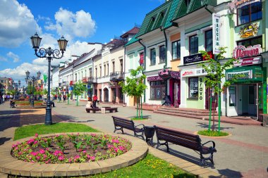 Brest, Belarus - 8 Mayıs 2015. Sovetskaya yayalara. Dükkanlar ve eğlence, Çiçeklik ön planda pembe çiçekli ile merkezi sokak.