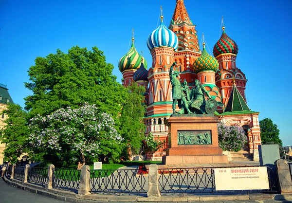 Monument to Minin and Pozharsky in Moscow. St. Basil's Cathedral on Red Square, Russia. The picturesque cityscape in the center of Moscow — Stock Photo, Image