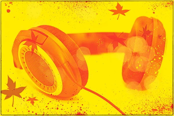 Auriculares sobre fondo amarillo brillante. collage de fotos en el estilo del arte pop — Foto de Stock