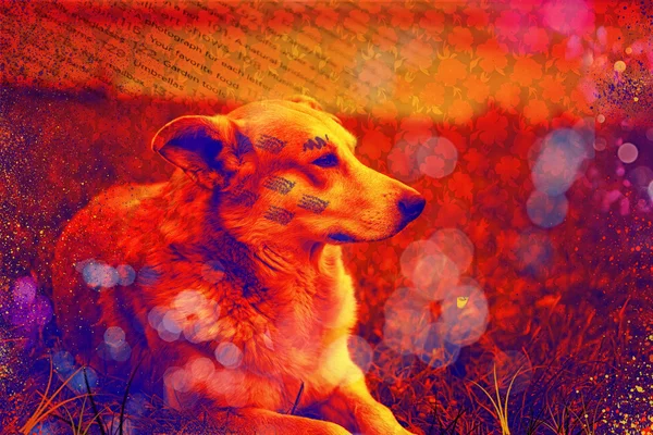 Chien fantastique dans le style pop art. Photo en couleurs rouges, avec techniques de collage et photomontage . — Photo