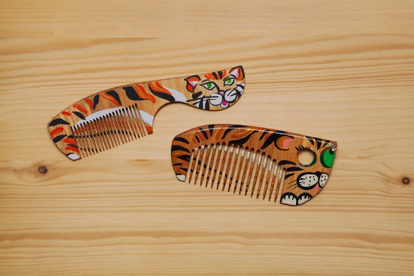 Тигр и кот нарисовали на деревянной расческе. Современное искусство ручной работы — стоковое фото