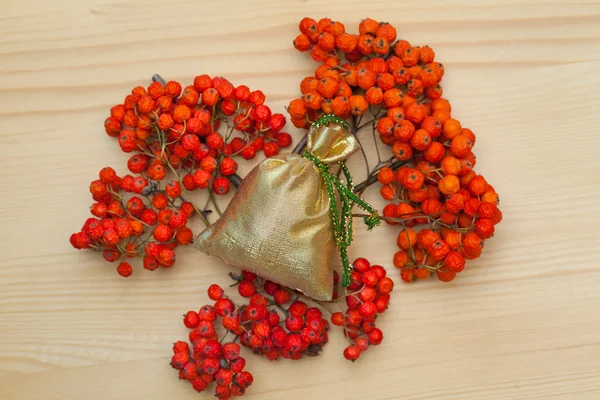 Christmas decoration - bag with gifts and rowan berries — Stock Photo, Image