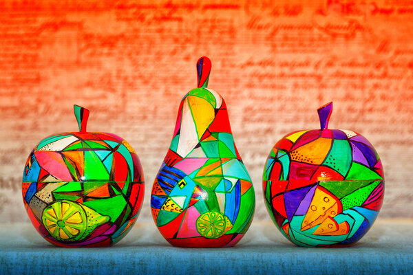 Hand-painted wooden fruit - pears and apples. Handmade Modern Art