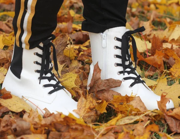 Val, herfst, bladeren, benen en schoenen. Conceptuele afbeelding van benen in laarzen op de herfstbladeren. Voeten schoenen wandelen in de natuur — Stockfoto