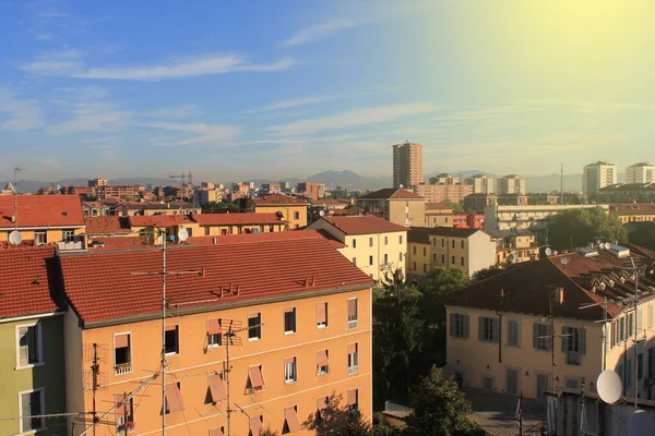 Milan skyline with blue sky , Italy. Panorama of Milano city for background .