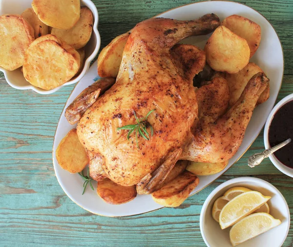 Roasted whole chicken or turkey for celebration and holiday. Christmas, thanksgiving, new year's eve dinner .