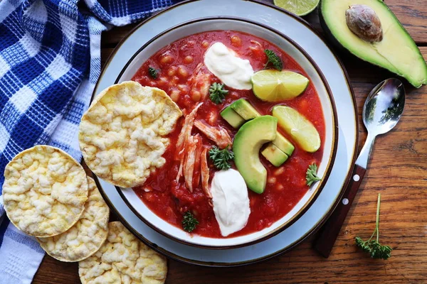 Supă Chili Tortilla Fasole Avocado Var Mâncare Tradițională Mexicană Privire — Fotografie, imagine de stoc