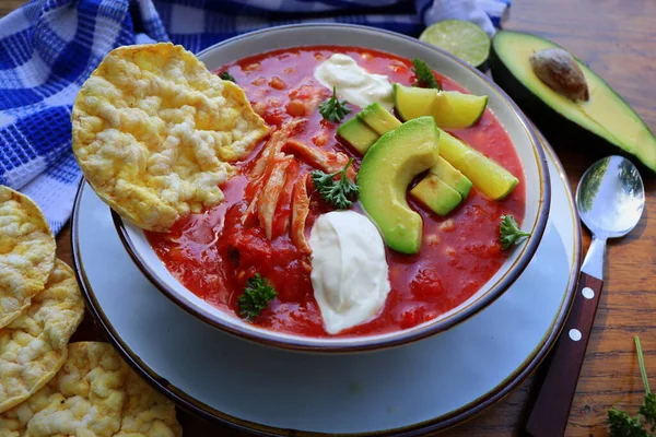 Supă Chili Tortilla Fasole Avocado Var Mâncare Tradițională Mexicană Privire — Fotografie, imagine de stoc