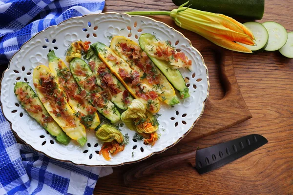 Zucchini Stuffed Minced Meat Cheese Bacon Wooden Background — Stock Photo, Image