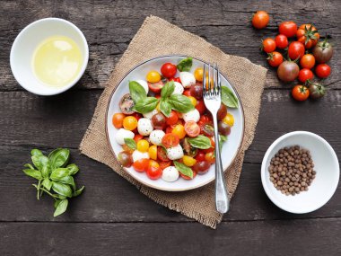 Vejetaryen caprese antipasti salatası mozzarella, domates, fesleğen