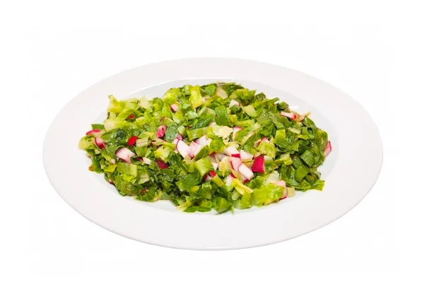 Ensalada de lechuga verde y rábano rojo con aceite de oliva aislado sobre fondo blanco — Foto de Stock