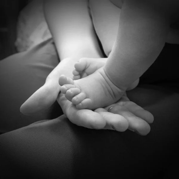 Baby Foot Mother Hand Black White — Stock Photo, Image