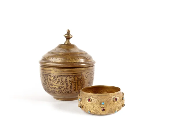 Antique sugar and salt shaker decorated with turquoise and garnet covered with intricate carvings handmade — Stockfoto