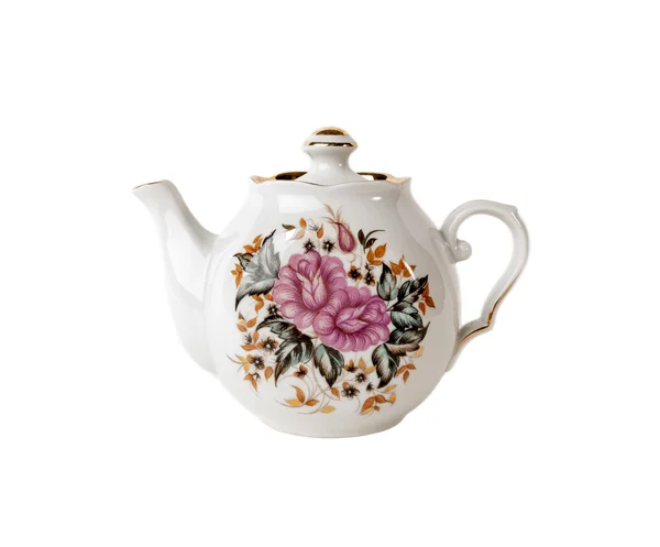 Porzellan Teekanne mit floralem Ornament isoliert über weißem Hintergrund — Stockfoto