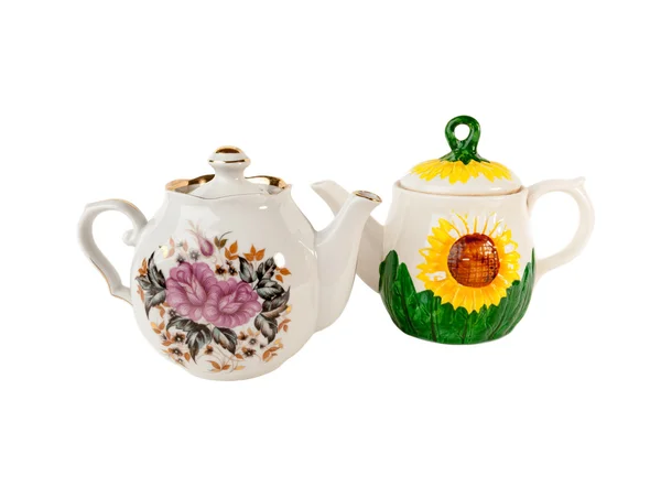 Two Porcelain teapot with floral ornament isolated over white — Stock Photo, Image