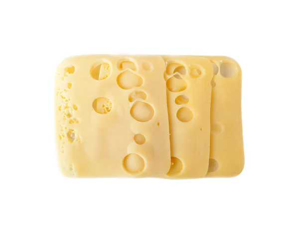 Tres rebanadas de queso suizo aisladas sobre fondo blanco —  Fotos de Stock