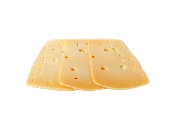 Tres rebanadas de queso suizo aisladas sobre fondo blanco — Foto de Stock