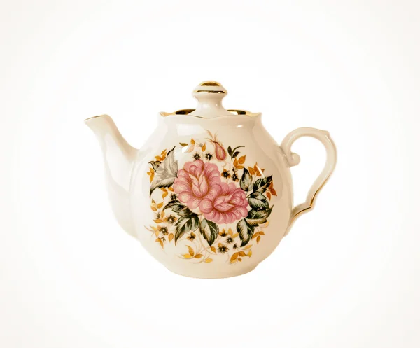 Ceramic Teapot with floral ornament on white — Stock Photo, Image