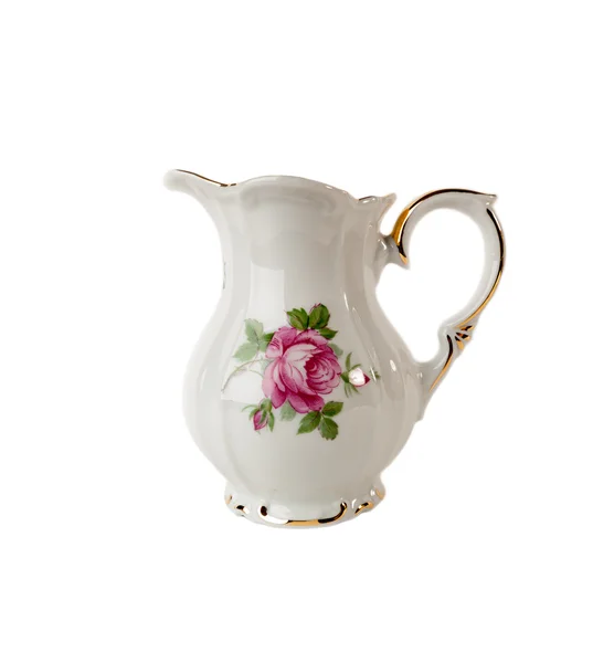 Tarro de porcelana con un patrón de rosas y oro en estilo clásico aislado en blanco — Foto de Stock