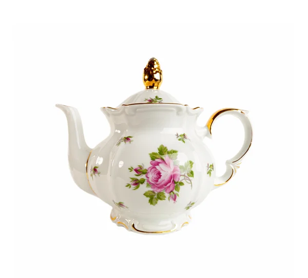 Keramik-Teekanne mit Rosen- und Goldornament im klassischen Stil isoliert auf weiß Stockbild