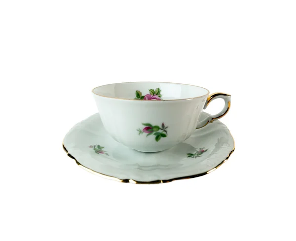 Porcelain teacup with floral rose ornament in classic isolated on white — Stock Photo, Image