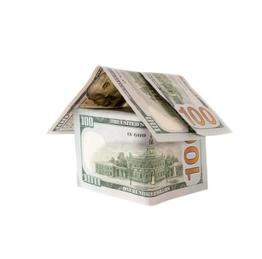 House made of hundred dollar bills isolated on white. clipart