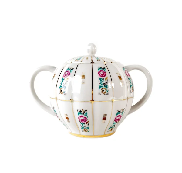 Porcelain sugar bowl with ornament of roses and gold in retro style isolated on white — Stock Photo, Image