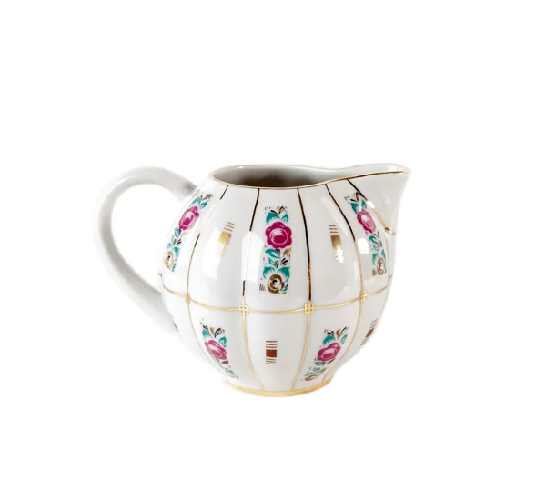 Ceramic Gravy Boat with ornament of roses and gold in retro style isolated on white — Stock Photo, Image